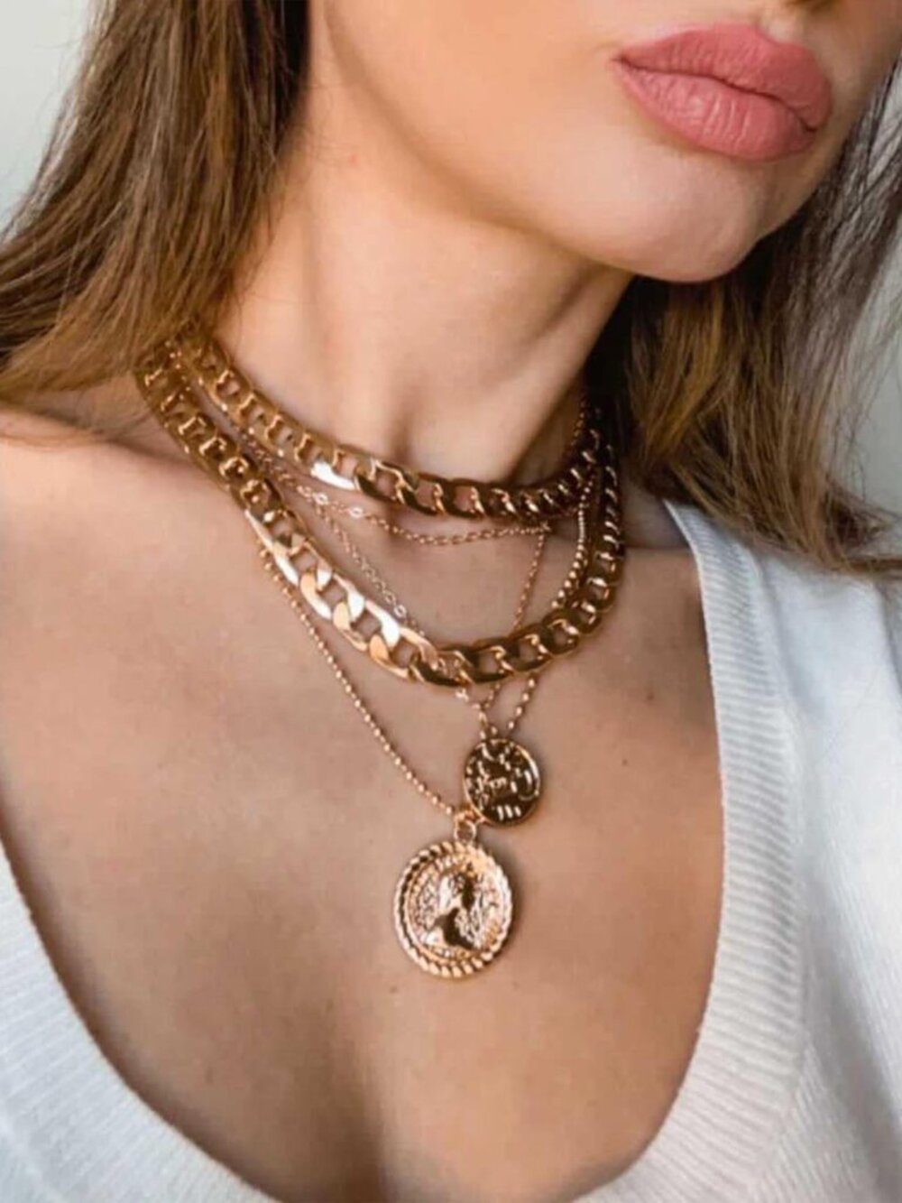 Layered Necklaces for Women Trendy Retro Coin Pendant Necklace Dainty Chunky Cha - Picture 3 of 9